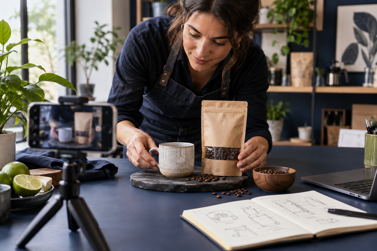 Escena ilustrativa generada con IA: preparación de una fotografía de producto en un pequeño negocio